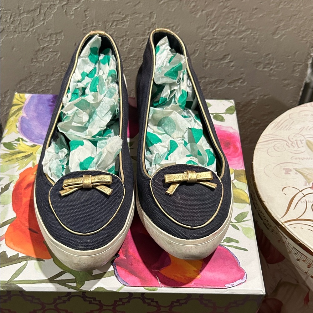 Tory Burch Black and Gold Bow Loafers